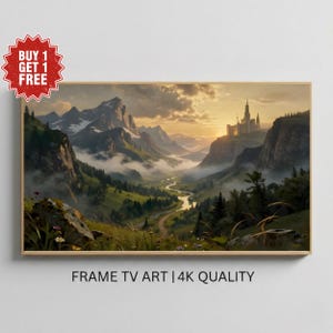 May include: A framed landscape painting depicts a mountain valley with a river winding through it. A castle sits atop a cliff, bathed in the warm light of the setting sun. The text "FRAME TV ART | 4K QUALITY" is at the bottom.