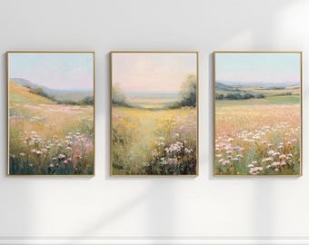 Floral Field Landscape Prints Set of 3 – French Country Wall Art (Digital Download)