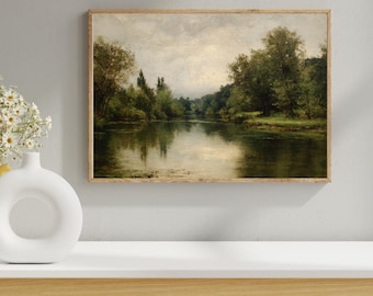 Vintage River Landscape Print -Farmhouse Wall Art -Countryside Decor -Printable Digital Download