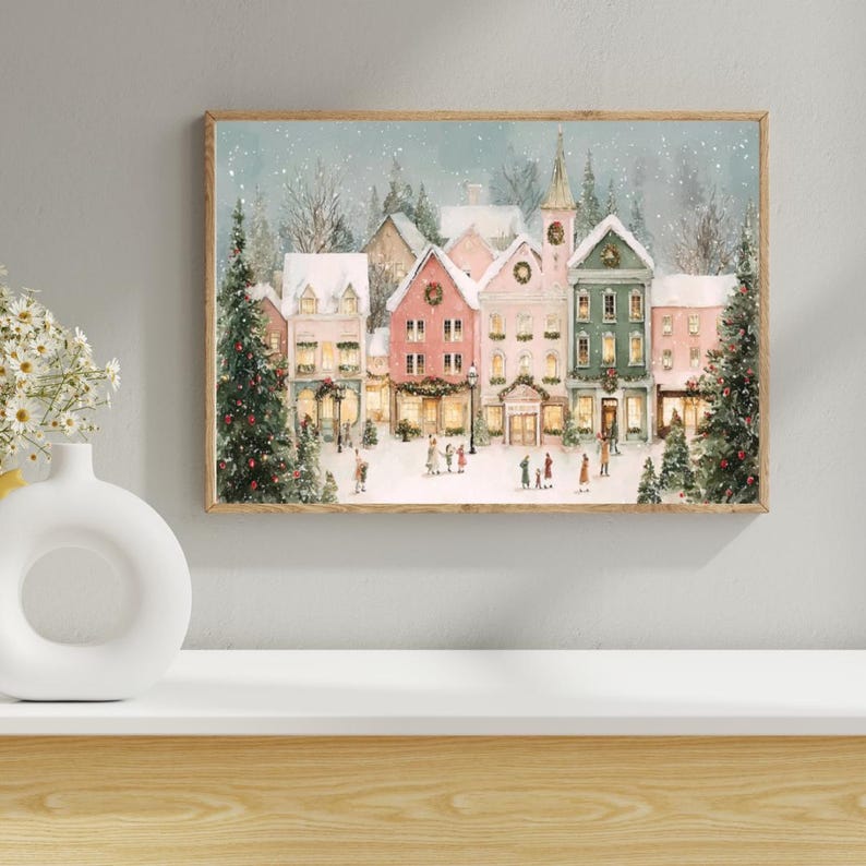 Cozy Christmas Village Print -printable Winter Wall Art -rustic Holiday ...