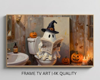 Funny Ghost on Toilet Frame TV Art, Halloween Samsung Frame TV Screensaver, Whimsical Spooky TV Decor, Cute Ghost Digital Download