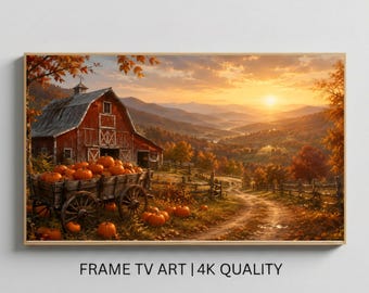 Autumn Farmhouse Samsung Frame TV Art, Pumpkin Patch Fall Sunset TV Screen Art, Thanksgiving Decor, Halloween Country Barn Digital Download