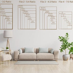 May include: Image showing four different aspect ratios for print sizes, with dimensions in inches and centimeters. The image includes a living room setting with a sofa, armchair, and plants, providing a sense of scale for the print sizes.