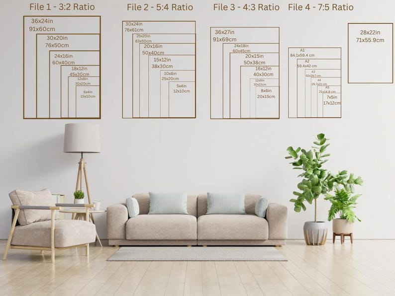 May include: Image showing four different aspect ratios for print sizes, with dimensions in inches and centimeters. The image includes a living room setting with a sofa, armchair, and plants, providing a sense of scale for the print sizes.