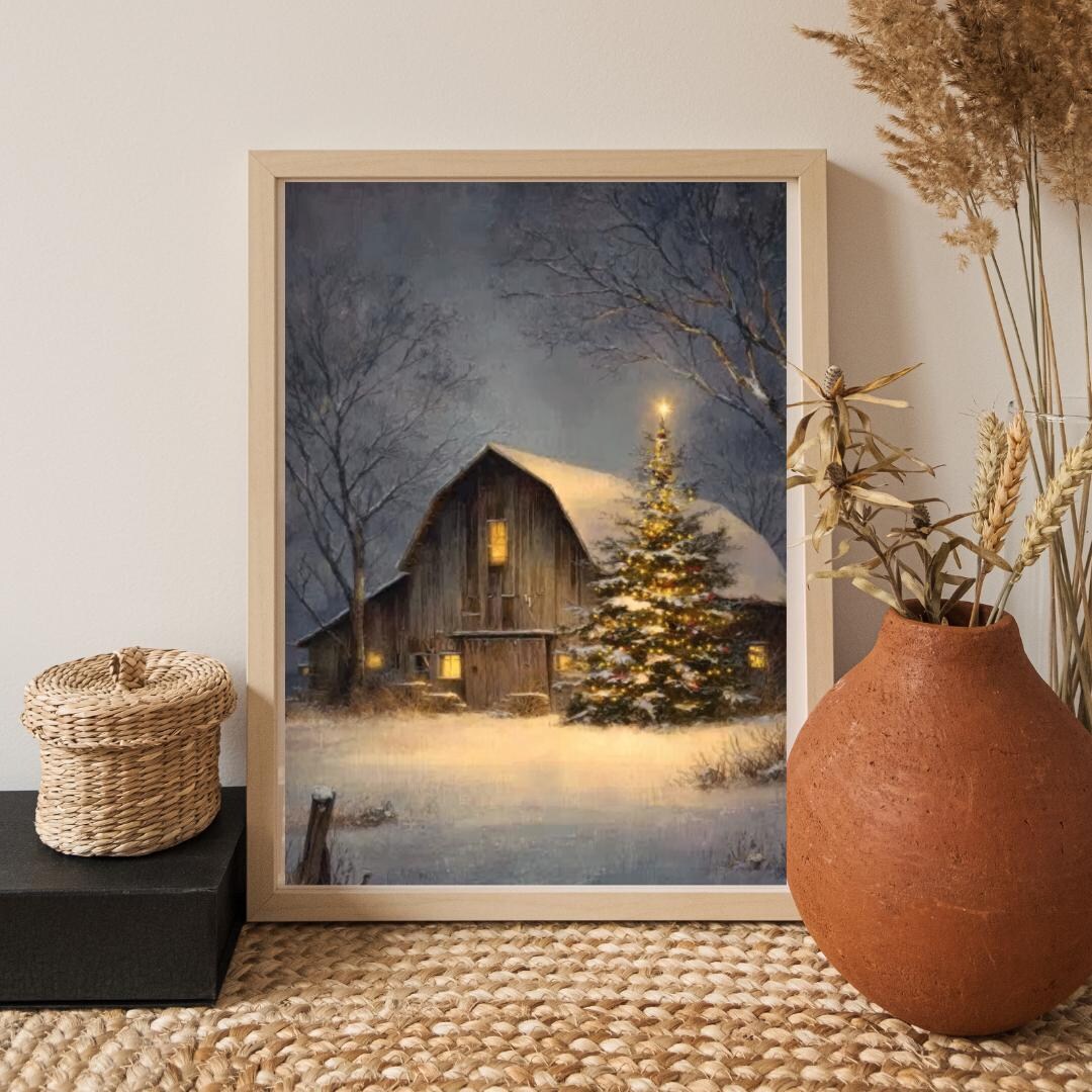 Rustic Christmas Barn Print – Snowy Winter Farmhouse, Cottagecore ...