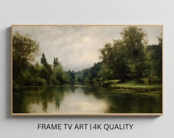 Tranquil River Landscape Frame TV Art, Samsung Frame TV Art, Vintage Nature Painting, Moody Forest Wall Art- (Digital Download)