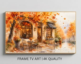 Watercolor Autumn Coffee Shop Samsung Frame TV Art Cozy Fall Cafe Cottagecore Digital Download