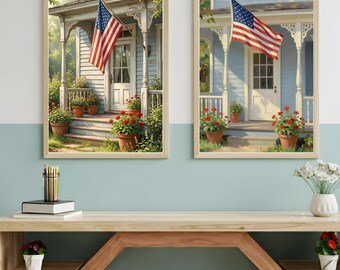 Set of 2 Patriotic Farmhouse Wall Art, 4th of July American Flag Cottage Prints, Rustic Americana Vintage USA Decor Digital Download