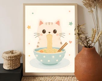 Ramen Cat Wall Art Print, Kawaii Japandi Nursery Poster, Pastel Kitty Noodle Printable Decor