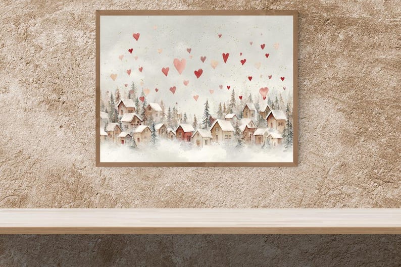 May include: Watercolor painting of a winter village scene with red heart shapes floating in the sky. The artwork features small houses with snow-covered roofs, surrounded by evergreen trees, and framed in a wooden border.