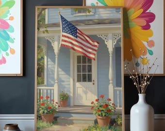 4th of July American Flag Wall Art Print, Independence Day Rustic Cottage Decor, Vintage Patriotic USA Artwork, Americana Digital Download