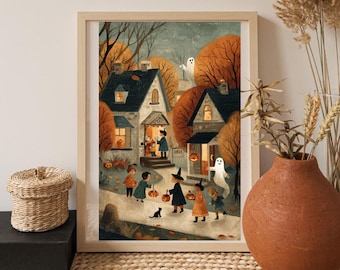 ヴィンテージハロウィンストリートプリント - かわいいゴースト、子供部屋の装飾（デジタルダウンロード）
