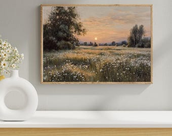 平和な風景プリント - 野生の花畑の農家の壁アート - ムーディな田舎風装飾 - 印刷可能なデジタルダウンロード
