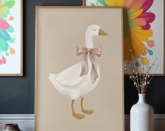 Silly Goose Wall Art Goose Poster Beige Nursery Decor Farm Animal Printable, Pink Coquette Room Decor Girl's Room Goose with Bow Print