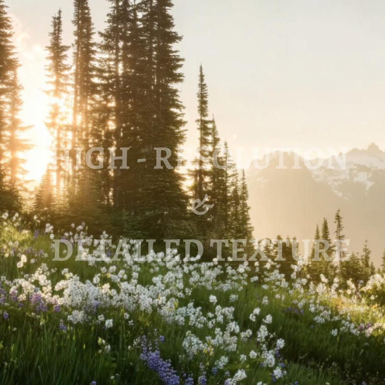 May include: A scenic landscape featuring a mountain range, evergreen trees, and a field of wildflowers. The sun shines through the trees, creating a warm, golden glow. The text "HIGH-RESOLUTION & DETAILED TEXTURE" is visible.