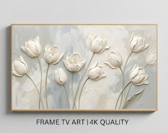 Digital Frame TV Art, White Tulips, Spring Floral Digital Download, Samsung Frame TV Art, Neutral Wall Art