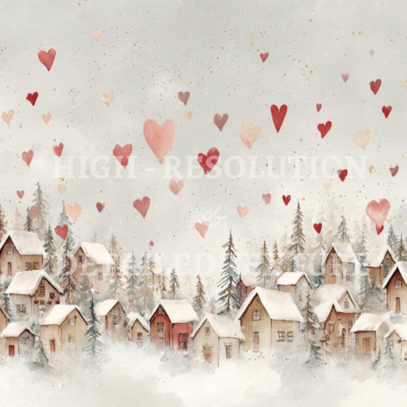 May include: Watercolor illustration of a winter village scene with snow-covered rooftops and evergreen trees. Red and pink hearts float in the sky above the houses. The text "HIGH RESOLUTION" is partially visible.