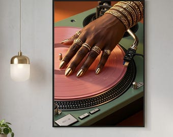 Black Woman Pink Vinyl Record Print - Eclectic Afrocentric Wall Art - Black Girl DJ Print - Vinyl Record Music Wall Art- Digital Download