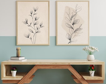 Minimalist Botanical Print Set of 2 -Printable Floral Wall Art -Nursery Decor -Digital Download