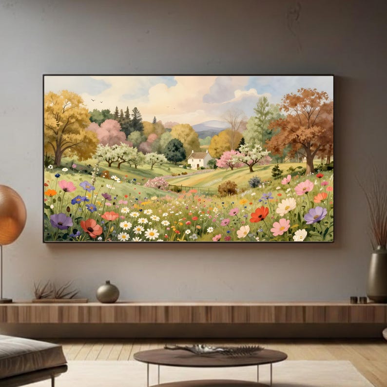 May include: A rectangular wall art print featuring a landscape painting of a rolling meadow filled with colorful wildflowers, including white daisies, red poppies, and purple blossoms, leading to a small white house nestled among trees.
