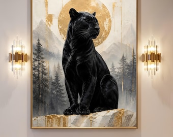 Black Panther Wall Art, Luxury Black and Gold Animal Painting, Modern Wildlife Poster Printable Wall Art, Digital Download