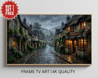 Vintage English Village Frame TV Art Set of 2, Rainy Countryside Oil Painting, Samsung Frame TV Art, Digital Download