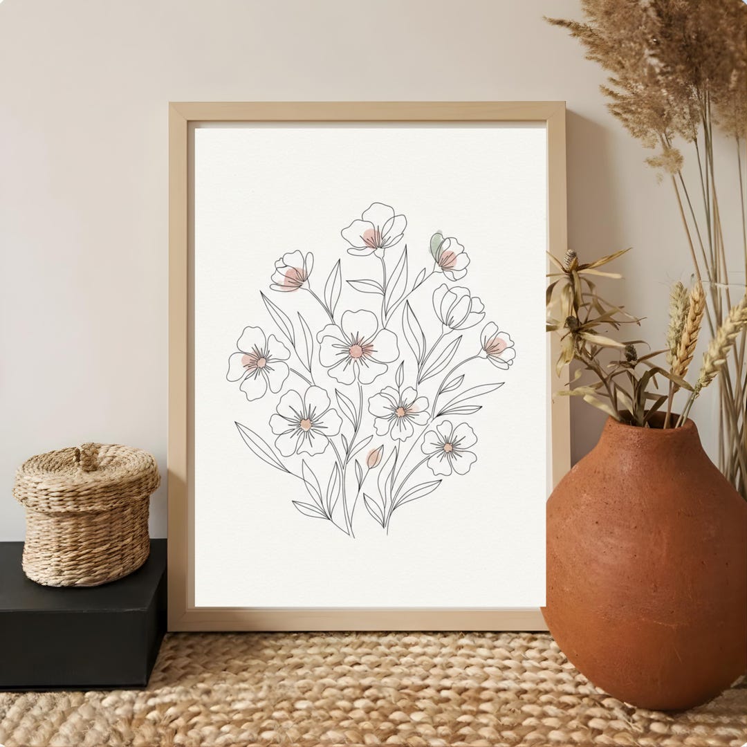 Abstract Botanical Flower Wall Art, Minimal Line Art Floral Print ...