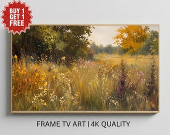 Autumn Wildflower Meadow Frame TV Art, Rustic Thanksgiving Wall Decor, Fall Landscape Field Painting, Autumn Wildflowers Digital Download