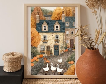 Autumn Village Print – Rustic Farmhouse Duck and Pumpkin Art (Digital Download)
