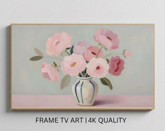 Pink Flowers on Vase Frame TV Art- Botanical TV Art Trendy Wall Art Instant download