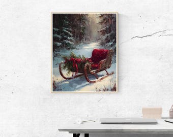 Vintage Winter Sleigh Print - Rustic Christmas Wall Art (Digital Download)
