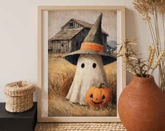Rustic Ghost and Pumpkin Halloween Print – Farmhouse Cottagecore (Digital Download)