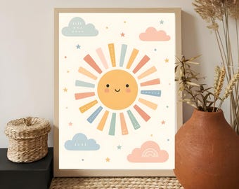Nursery Wall Art Sun Printable, Cute Smiling Sun Nursery Decor, Minimal Baby Poster, Neutral Boho Kids Room Wall Art, Digital Download