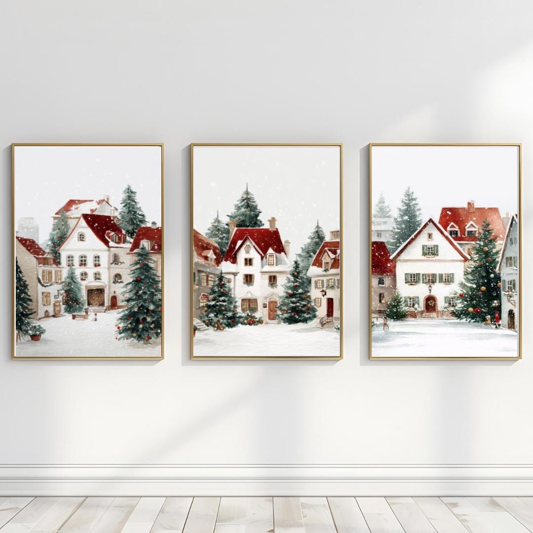 Christmas Village Prints Set of 3 -snowy Winter Wall Art -holiday Decor ...