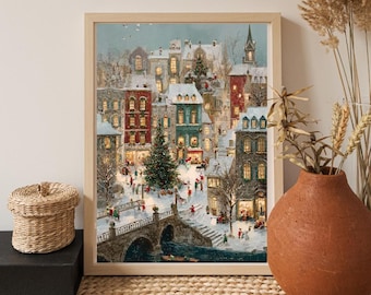 Christmas Town Print -Whimsical Winter Wall Art -Snowy Holiday Decor -Printable Digital Download