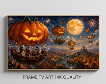 Halloween Pumpkin Airship Frame TV Art, Spooky Moonlit Sky, Jack O Lantern Fantasy, Gothic Halloween Decor (Digital Download)