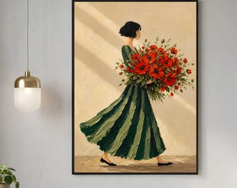 Woman with Red Poppies Painting, Green Striped Dress Art, Trendy Fashion Print, Textured Floral Wall Art, Digital Download
