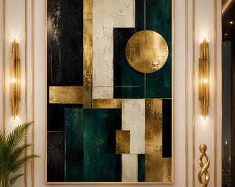 Luxury Black Gold Emerald Green Abstract Wall Art, Modern Geometric Artwork, Contemporary Canvas Print, Minimalist Living Room Decor