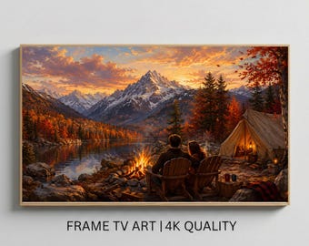 Autumn Bonfire Samsung Frame TV Art, Romantic Couple Camping Lake Cabin, Cozy Fall Mountain Landscape Oil Painting Digital Download