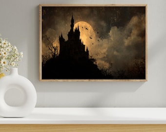 Spookhuis landschapsprint - griezelige Halloween-muurkunst - humeurig gotisch schilderij - afdrukbare digitale download