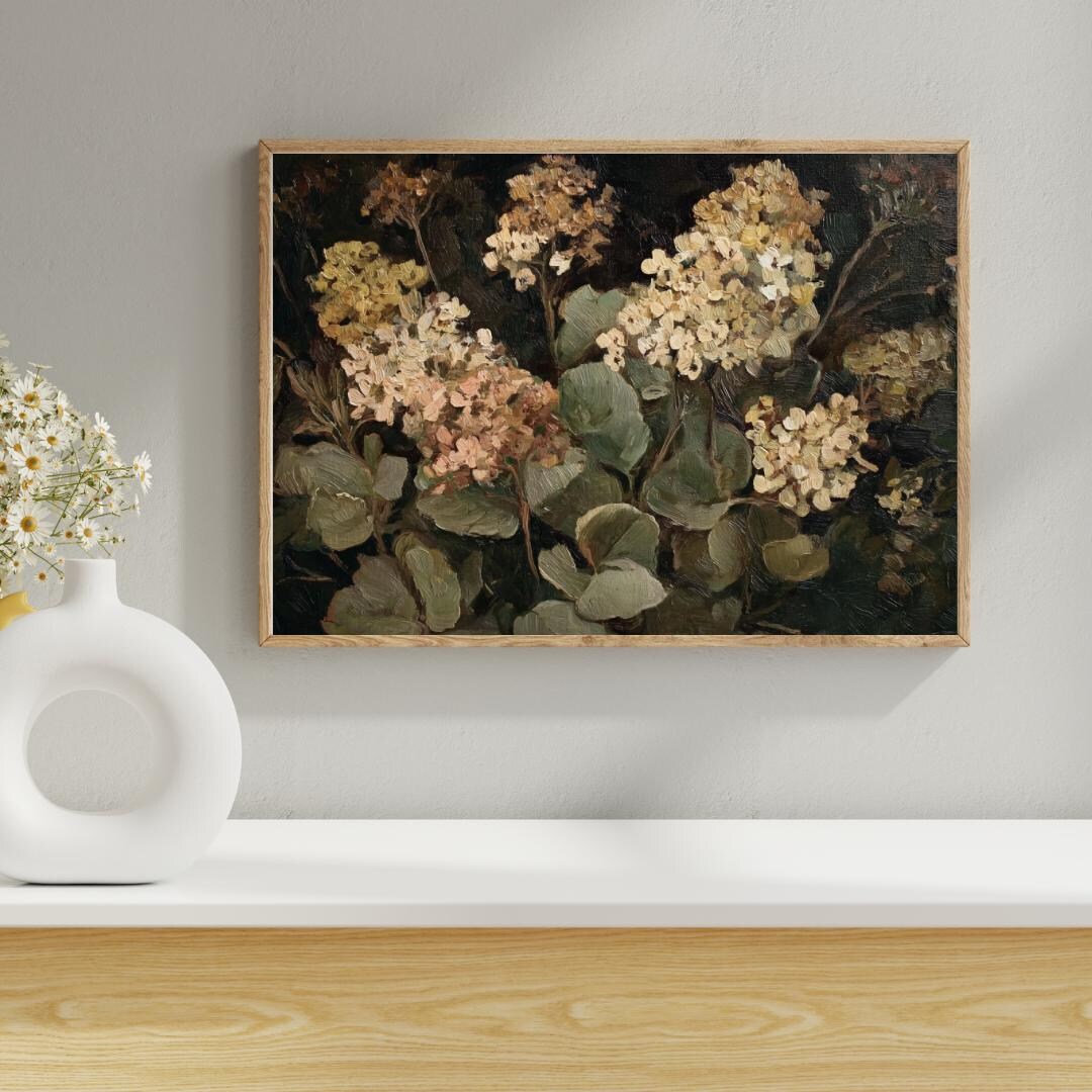 Vintage Hydrangea Floral Print - Moody Botanical Wall Art (digital ...