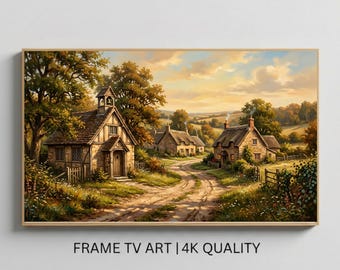 Vintage Countryside Village Oil Painting, Samsung Frame TV Art, Rustic Cottage Landscape, Golden Hour Country Road TV Art, Digital Download