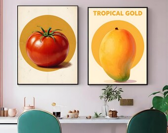 Set of 2 Vintage Fruit Wall Art Prints, 70s Retro Mango & Tomato Poster, Mid Century Kitchen Decor, Minimalist Warm Tone Digital Download