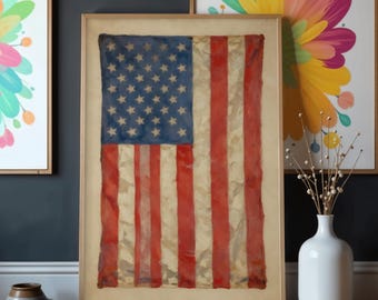 Independence Day Vintage American Flag Wall Art, 4th of July Patriotic Print, Rustic USA Flag Painting, Americana Decor Digital Download