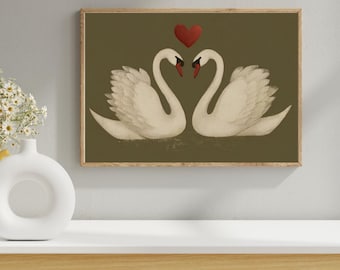 Impresión vintage de cisne para San Valentín - Arte romántico de pared con cisne - Decoración rústica de granja - Descarga digital imprimible