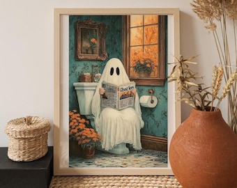 Funny Ghost on Toilet Print – Vintage Halloween Bathroom Art (Digital Download)