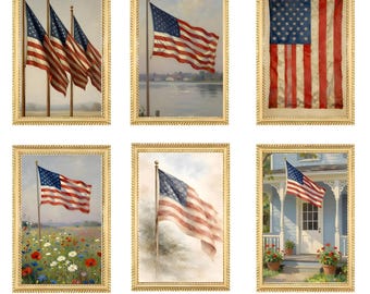 Patriotic American Flag Prints, Vintage USA Decor, Independence Day Printable Artwork, 4th of July Wall Art Set of 6, Digital Download