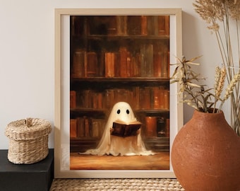 Ghost Reading in Library Print – Spooky Halloween Wall Art (Digital Download)