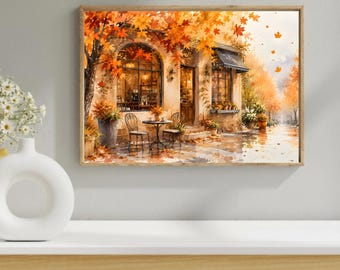 Watercolor Autumn Coffee Shop Wall Art Cozy Fall Cafe Cottagecore Printable Decor- Digital Download