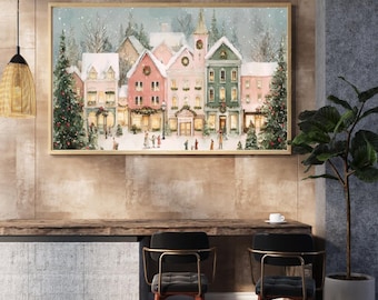 Cozy Christmas Village Print -Printable Winter Wall Art -Rustic Holiday Decor Snowy Town Scene -Digital Download